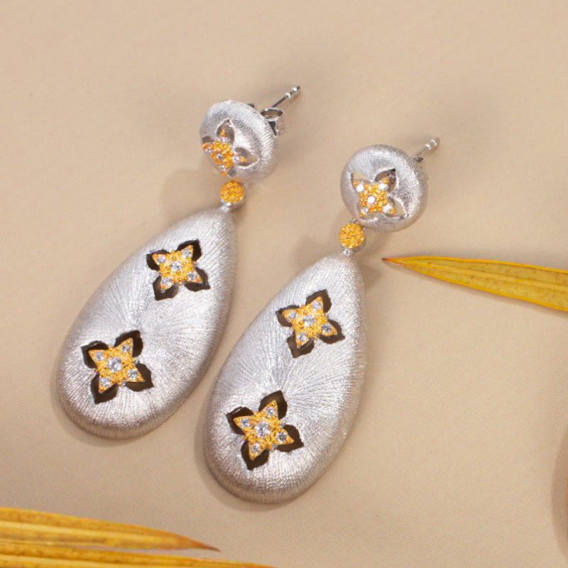 Vintage Court Style Clover S925 Silver Gold Plated Earrings