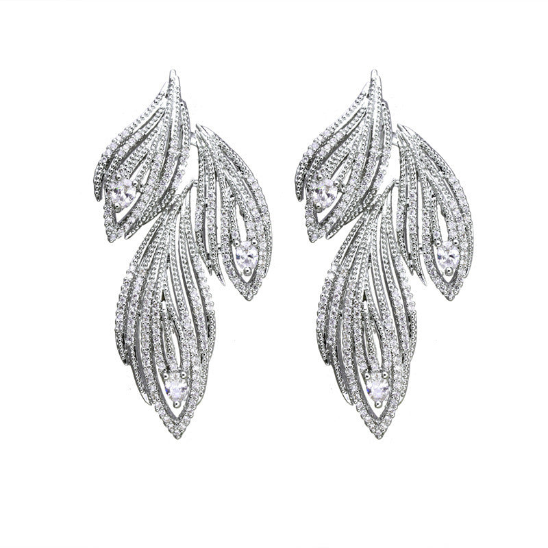 Leaf-shaped Full Rhinestone Zircon Earrings For Women