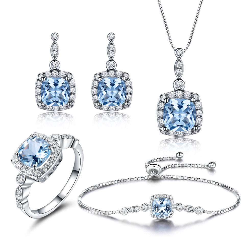 925 Sterling Silver Necklace Sky Blue Topaz Four-Piece Set 4pcs set