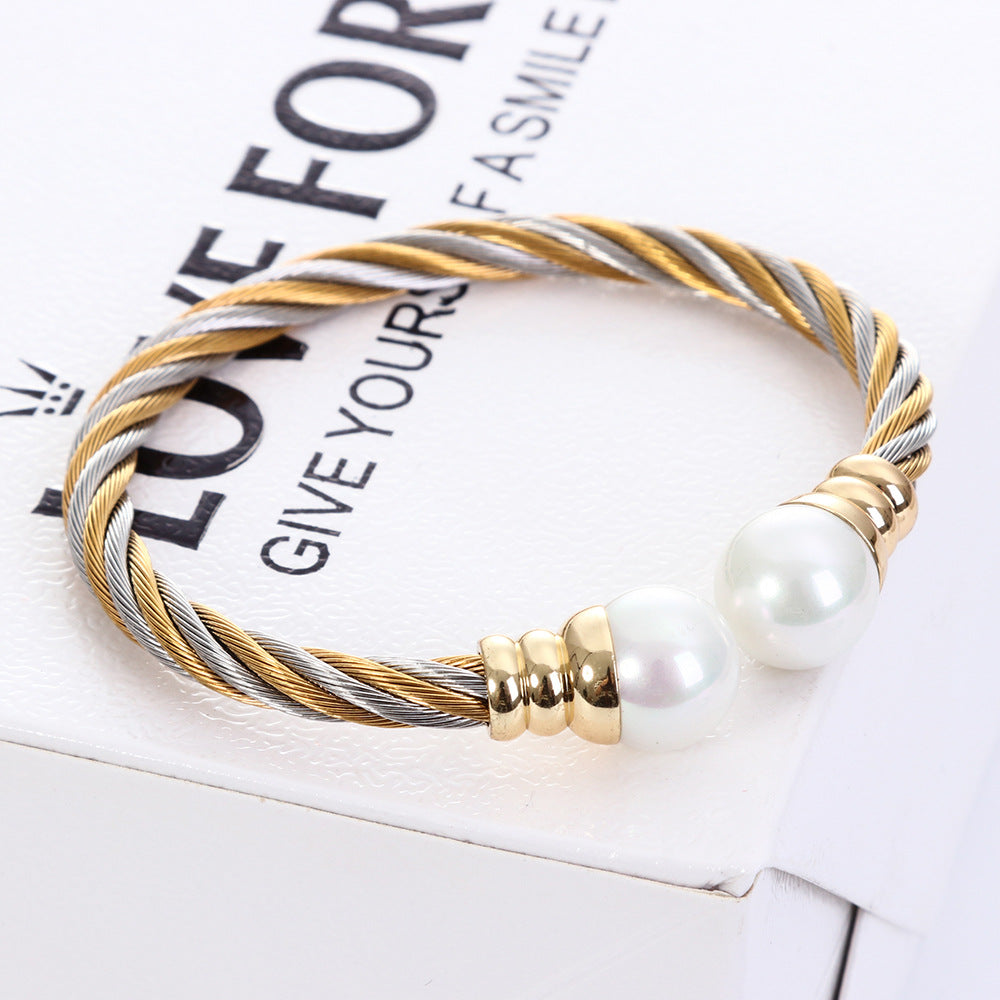 Stainless Steel Classic Style Two-tone Classic Handmade Braided Bracelets Ring Two-piece Set Gold And Silver Color Bracelet