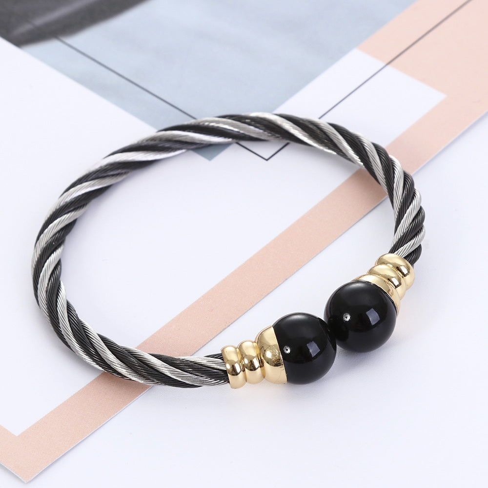 Stainless Steel Classic Style Two-tone Classic Handmade Braided Bracelets Ring Two-piece Set Black Silver Bracelet