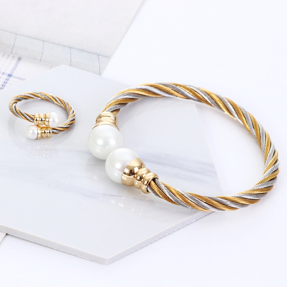 Stainless Steel Classic Style Two-tone Classic Handmade Braided Bracelets Ring Two-piece Set