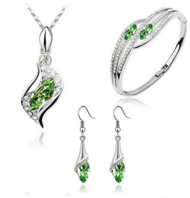 New Angel Elf Earrings Necklace Bracelet Three-pi ece Austria Crystal Alloy Jewelry Set Green