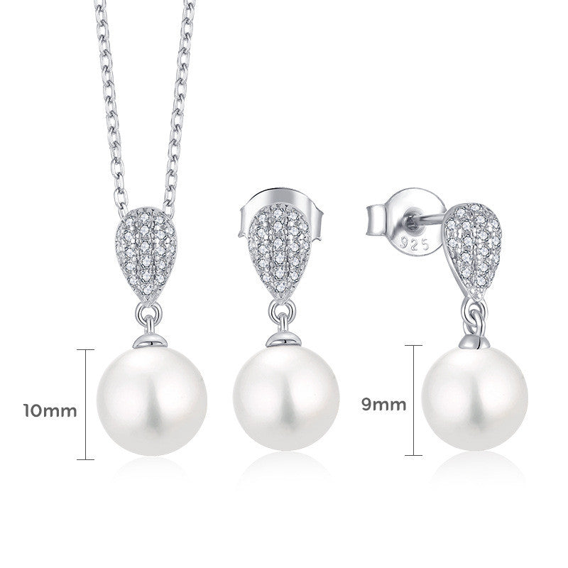 Women's Fashion Sterling Silver Zircon Pearl Necklace & Earring Set