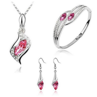 New Angel Elf Earrings Necklace Bracelet Three-pi ece Austria Crystal Alloy Jewelry Set Pink