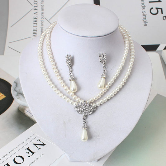 European And American Jewelry Bride Pearl Crystal With Short Collarbone Neck Necklace And Earring Set White