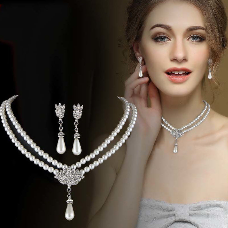 European And American Jewelry Bride Pearl Crystal With Short Collarbone Neck Necklace And Earring Set