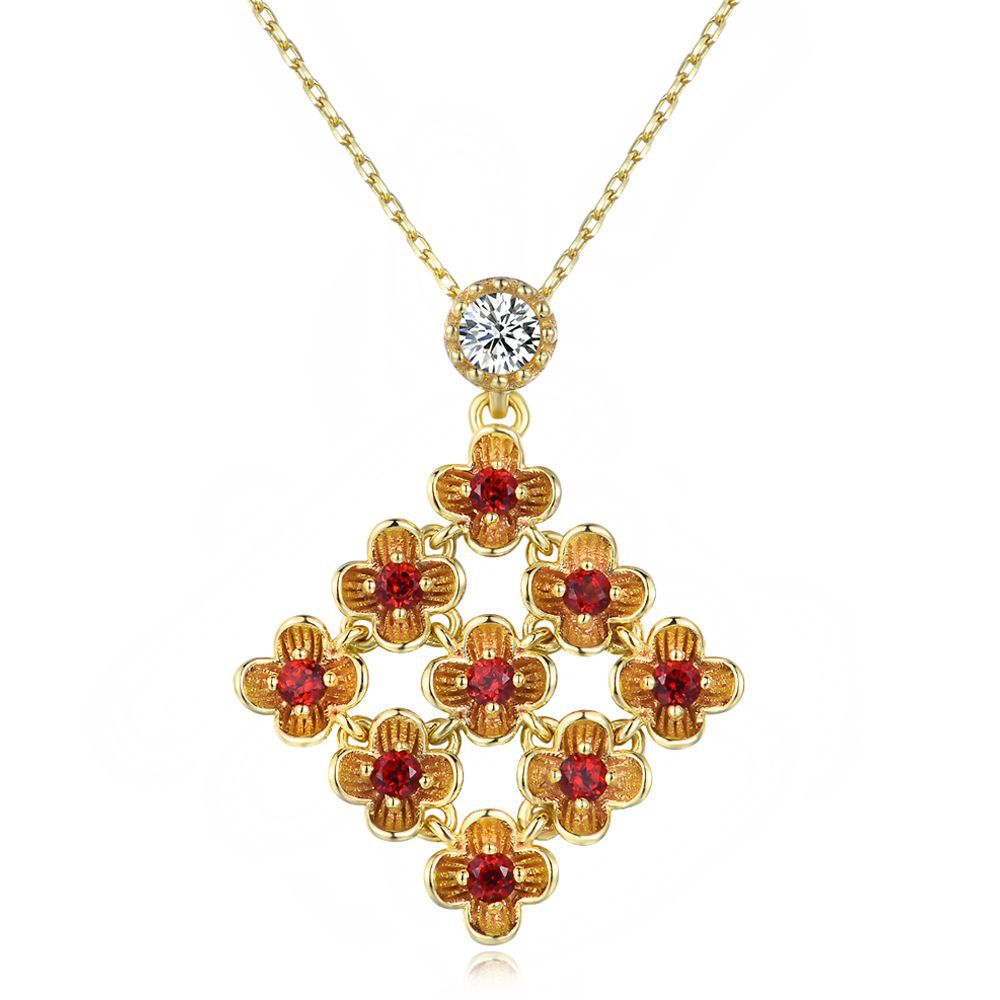 925 Pure Silver Jewelry Natural Garnet Flower Pendant Necklace