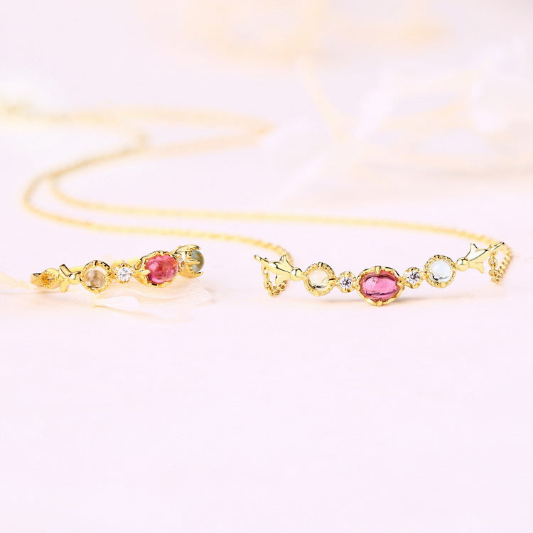 Natural Red Tourmaline Japanese Luxury Jewelry 925 Sterling Silver Plated 18K Gold Topaz Lemon Crystal Clavicle Necklace