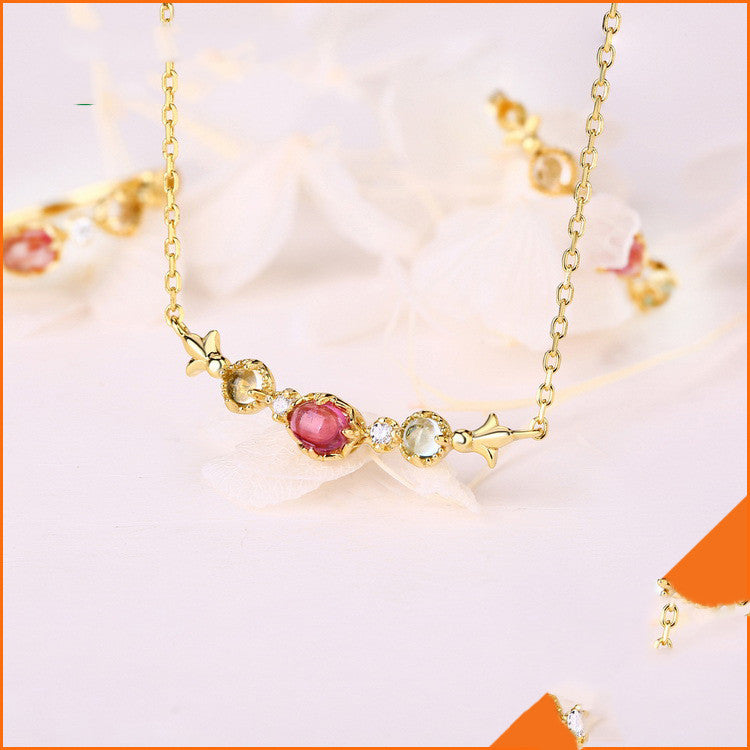 Natural Red Tourmaline Japanese Luxury Jewelry 925 Sterling Silver Plated 18K Gold Topaz Lemon Crystal Clavicle Necklace