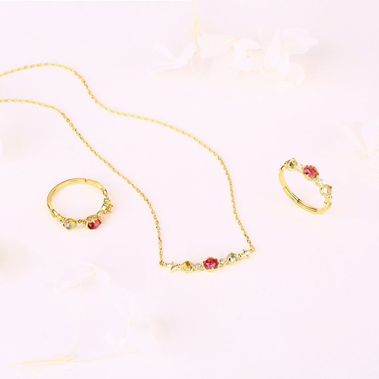 Natural Red Tourmaline Japanese Luxury Jewelry 925 Sterling Silver Plated 18K Gold Topaz Lemon Crystal Clavicle Necklace