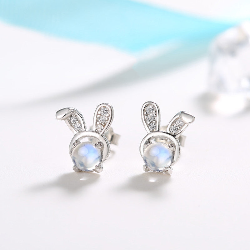 Rabbit Earrings Moonstone Earrings Female Pure Silver Earrings Do Not Need To Pick Up When Sleeping