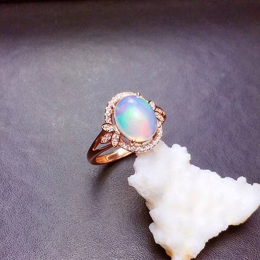 S925 Silver Plated 18k Gold Opal Ring Fire Color Gold Adjustable