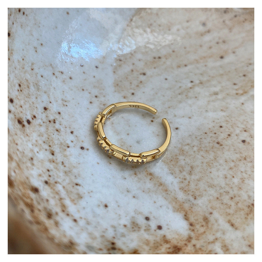 S925 Sterling Silver Hollow Flower Ring Fashionable Simple Adjustable Diamond Ring Gold