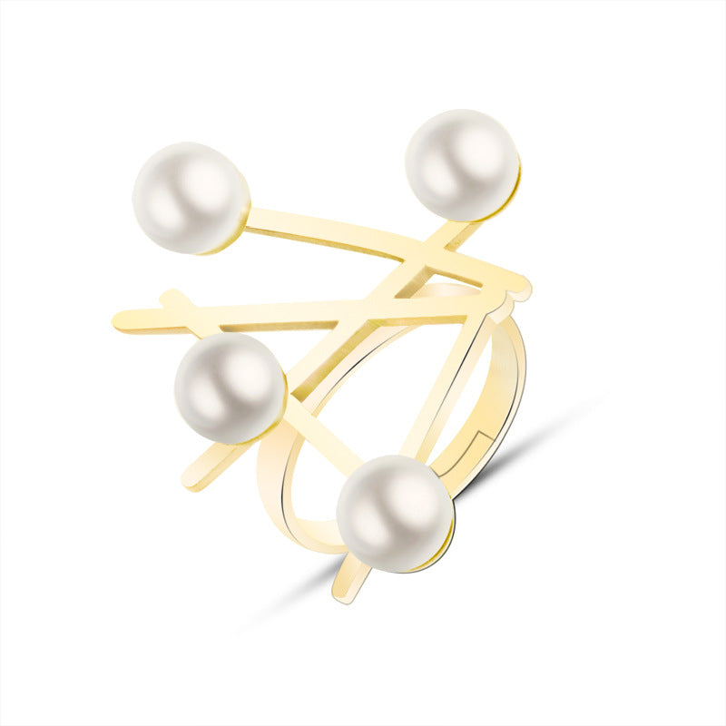 Cross Symbol Magazine Style Pearl Fashion Ring Gold