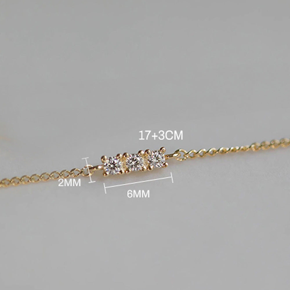 Daily Minimalist Bracelet 925 Sterling Silver Gold Plated Three Diamond Micro Inlaid