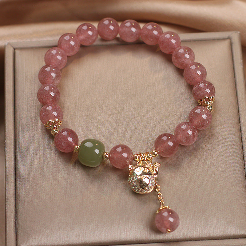 Natural Strawberry Quartz Lucky Cat Beaded Bracelet