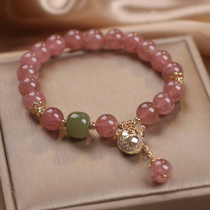 Natural Strawberry Quartz Lucky Cat Beaded Bracelet