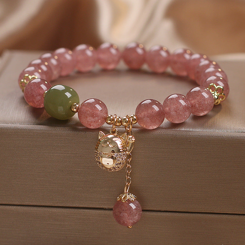 Natural Strawberry Quartz Lucky Cat Beaded Bracelet