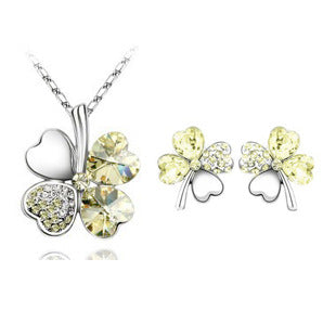 Four-leaf clover crystal necklace earrings Light yellow 1 set