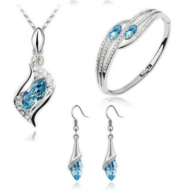 New Angel Elf Earrings Necklace Bracelet Three-pi ece Austria Crystal Alloy Jewelry Set Light blue