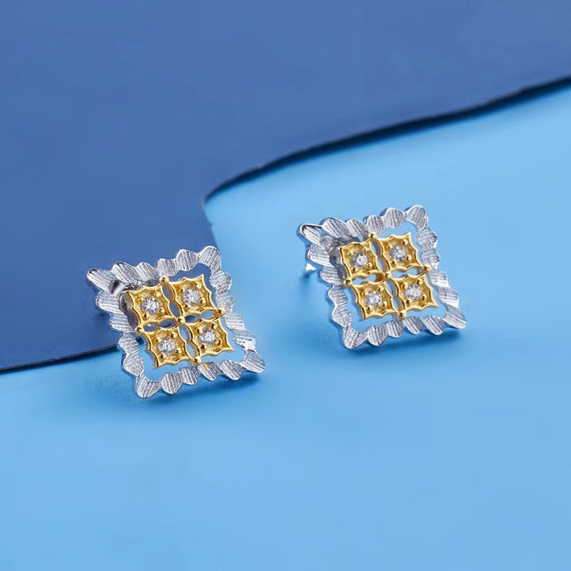 Italian Craft Diamond Stud Earrings Gold Plated Two Tone