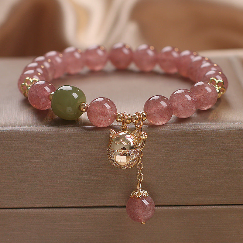 Natural Strawberry Quartz Lucky Cat Beaded Bracelet