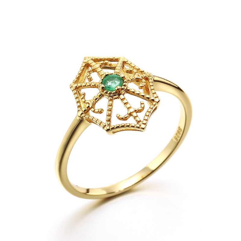 Women's Gold Plated Natural Emerald Gemstone Ring Emerald Spiderweb Ring