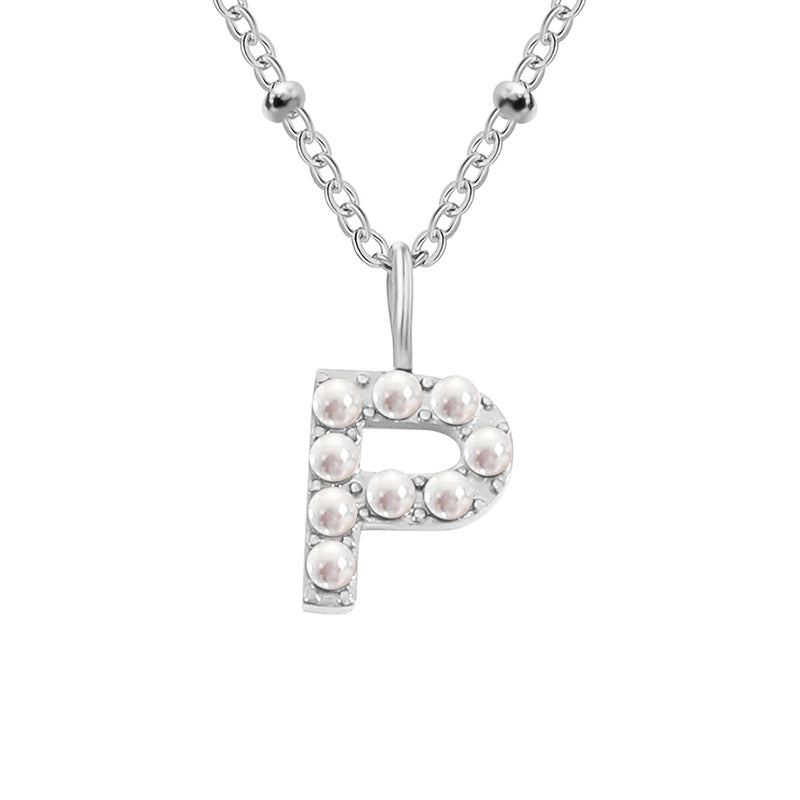 Niche Clavicle Chain 26 Pearl Letter Pendant Simple Stainless Steel Necklace P Stainless Steel