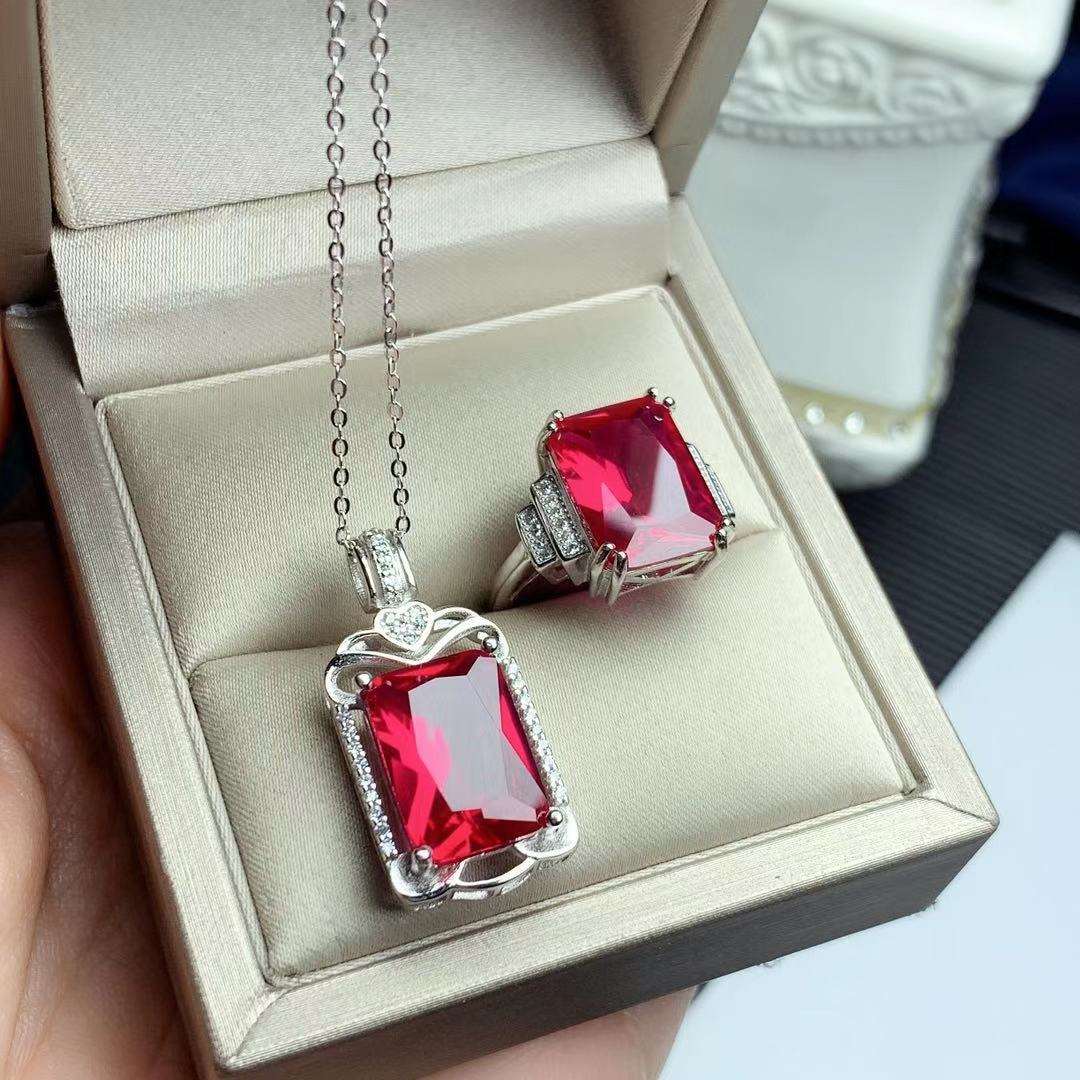 925 Silver Inlaid Gorgeous Red Corundum Suit Luxury Elegant Retro