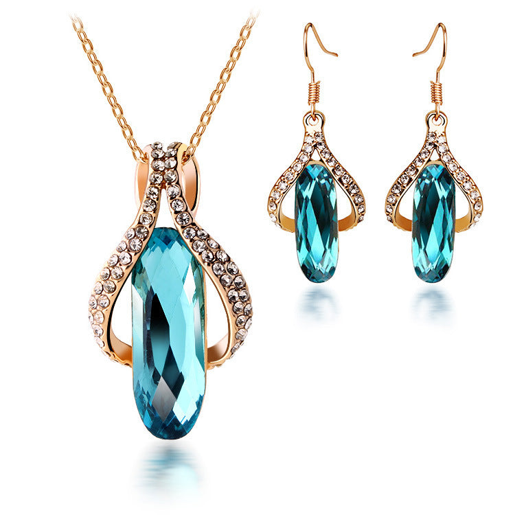 Gold-plated diamond earrings pendant set Peacock blue