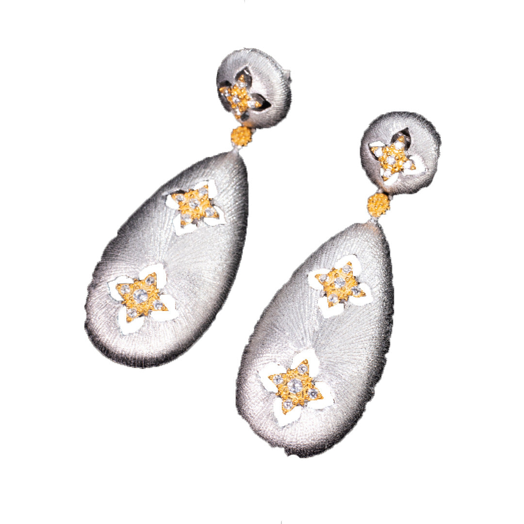 Vintage Court Style Clover S925 Silver Gold Plated Earrings White