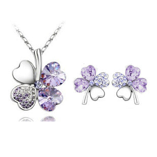 Four-leaf clover crystal necklace earrings Light purple 1 set