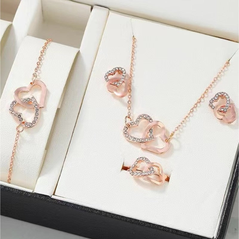 Simple Women Wear All-match Double Love Jewelry Suit Rose Gold Set