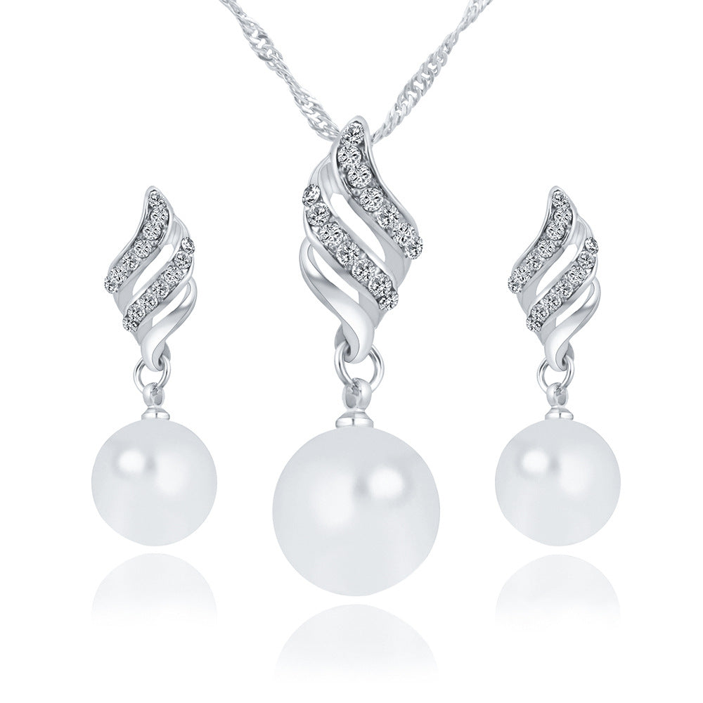 Pearl Stud Necklace Set Silver