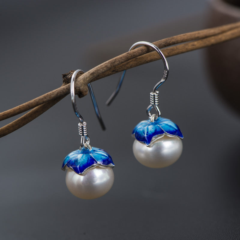 Cloisonne 925 Silver Earrings Sukhothai gold jewelry design freshwater pearl earrings earrings lotus female wholesale