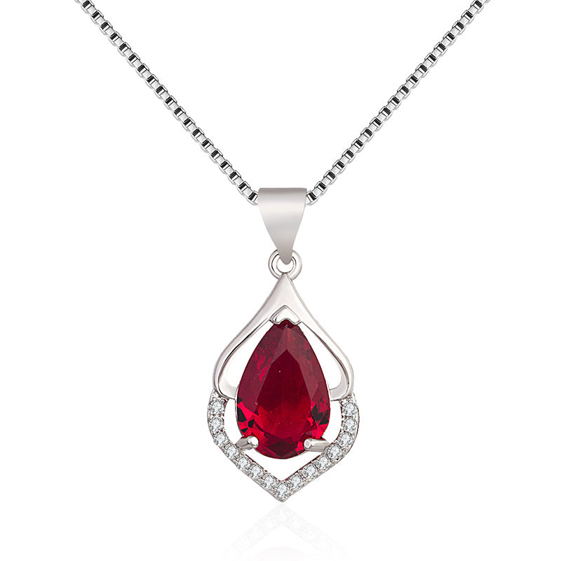 European And American Style New Colored Gems Water Drop Pendant Clavicle Chain Red Diamond Pendant