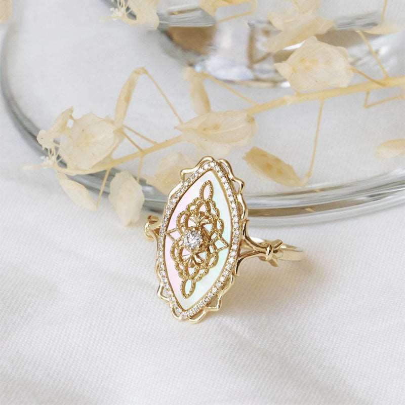 925 Silver Inlay Natural Dish Shell Zircon Ring For Women Natural Shell Zircon Ring