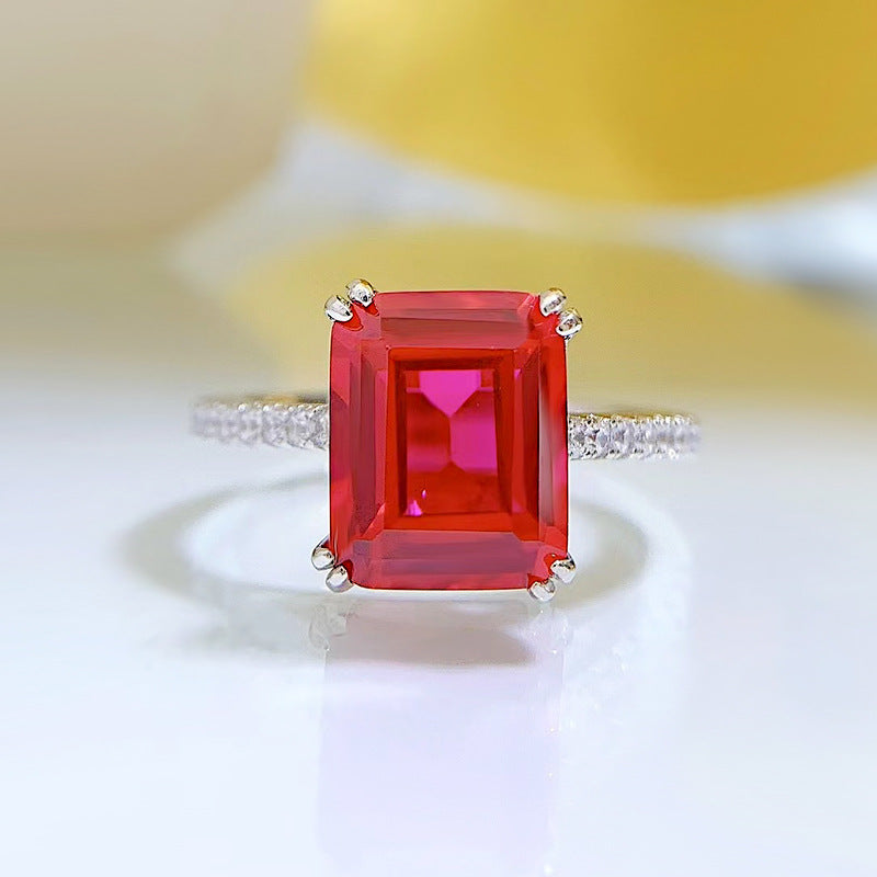 925 Silver Retro Rectangular Car Flat 810 Emerald Women's Ring R382 Red Diamond