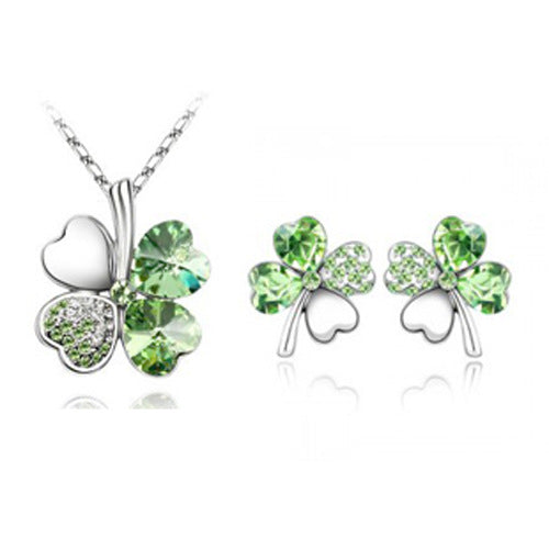 Four-leaf clover crystal necklace earrings Fruit green 1 set