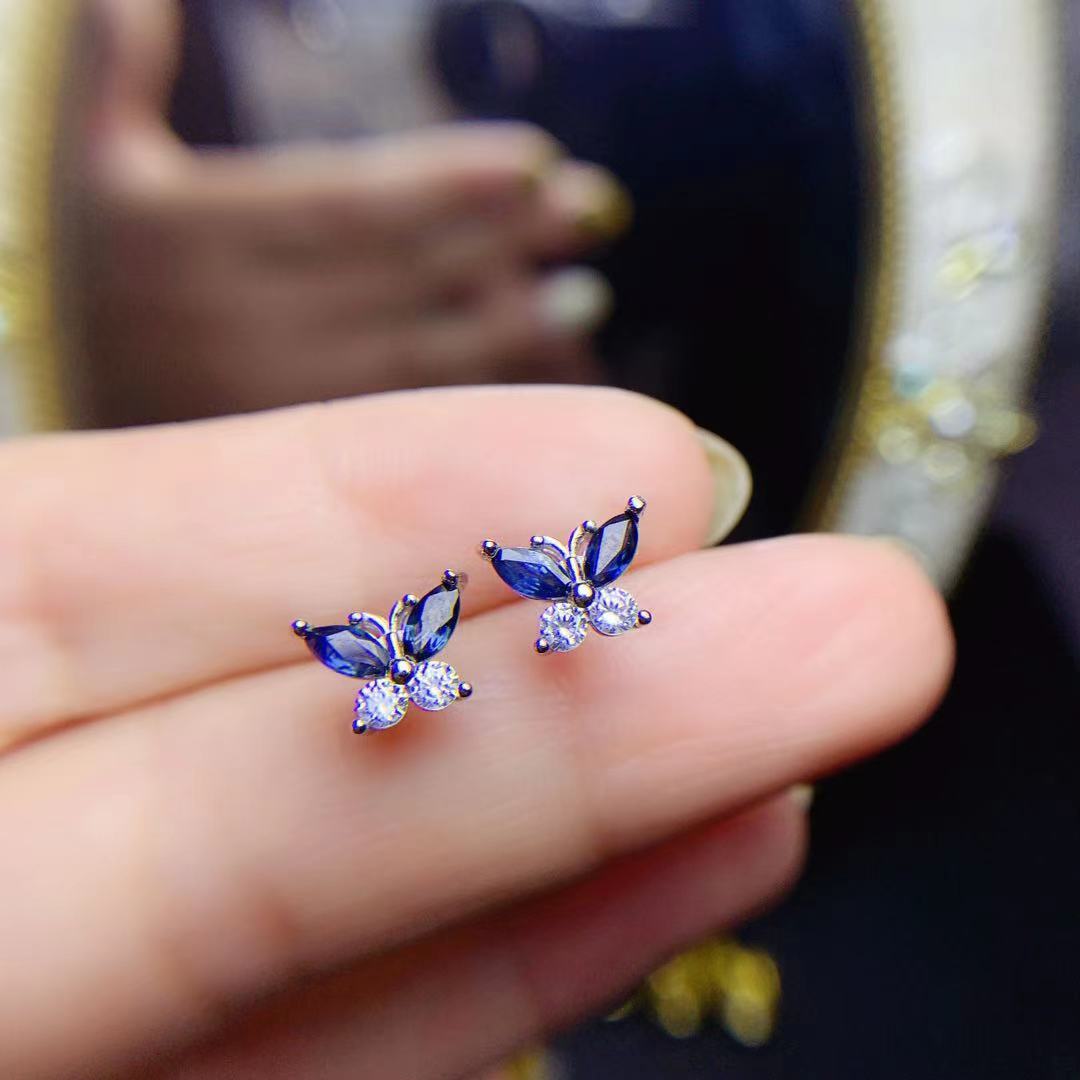 925 Silver Inlaid Natural Sapphire Butterfly Studs Rose Gold