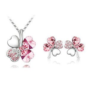 Four-leaf clover crystal necklace earrings Pink 1 set