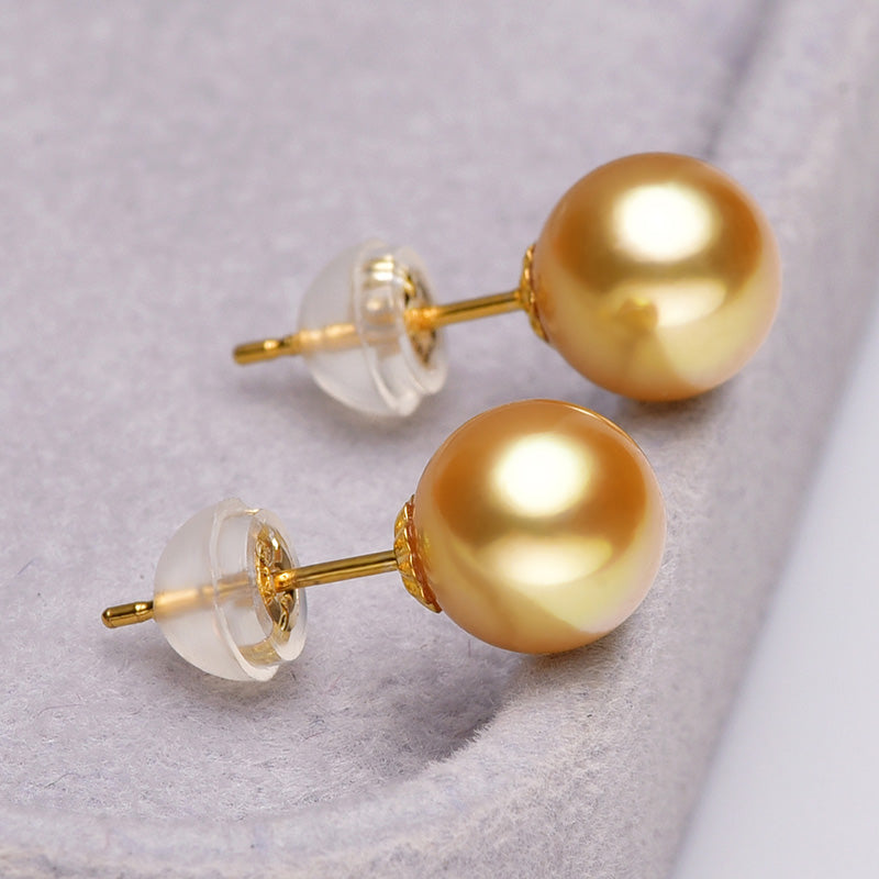 Small Bulb 18k Gold Pearl Stud Earrings Intense gold gold pearl 8mm