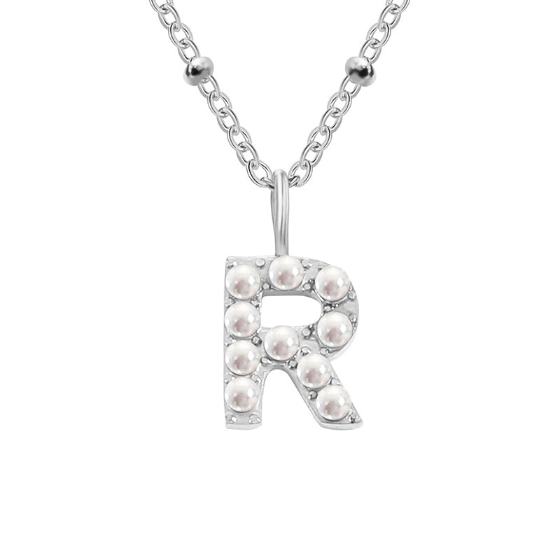 Niche Clavicle Chain 26 Pearl Letter Pendant Simple Stainless Steel Necklace R Stainless Steel Color