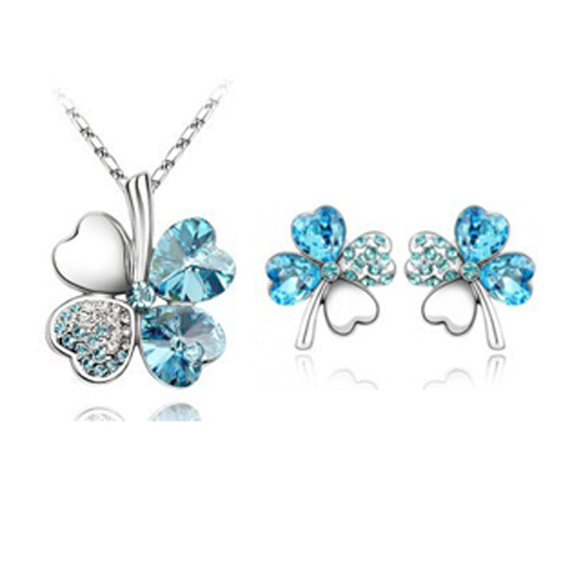 Four-leaf clover crystal necklace earrings Sea blue 1 set