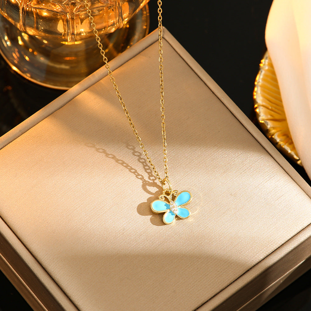 Oil Dripping Butterfly Titanium Steel Necklace Light Luxury Minority High-end Design 8120 Lake Blue Butterfly