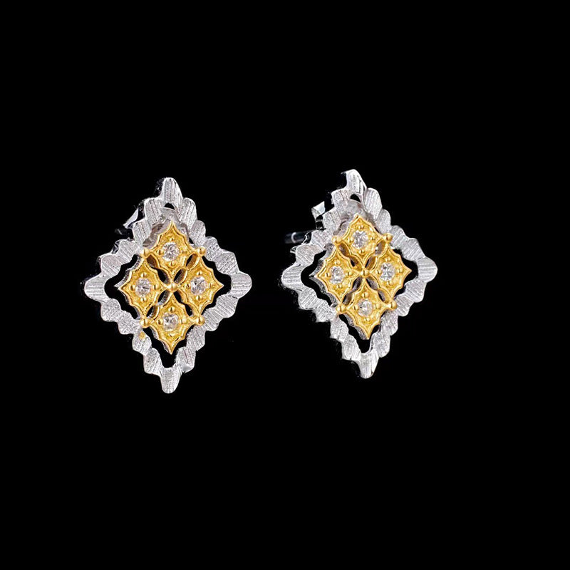 Italian Craft Diamond Stud Earrings Gold Plated Two Tone