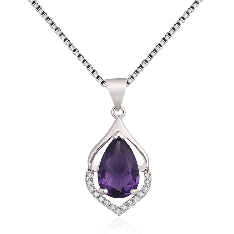 European And American Style New Colored Gems Water Drop Pendant Clavicle Chain Purple Diamond Pendant