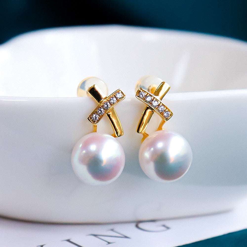 18K Gold Zircon Cross Earrings Sea Pearl