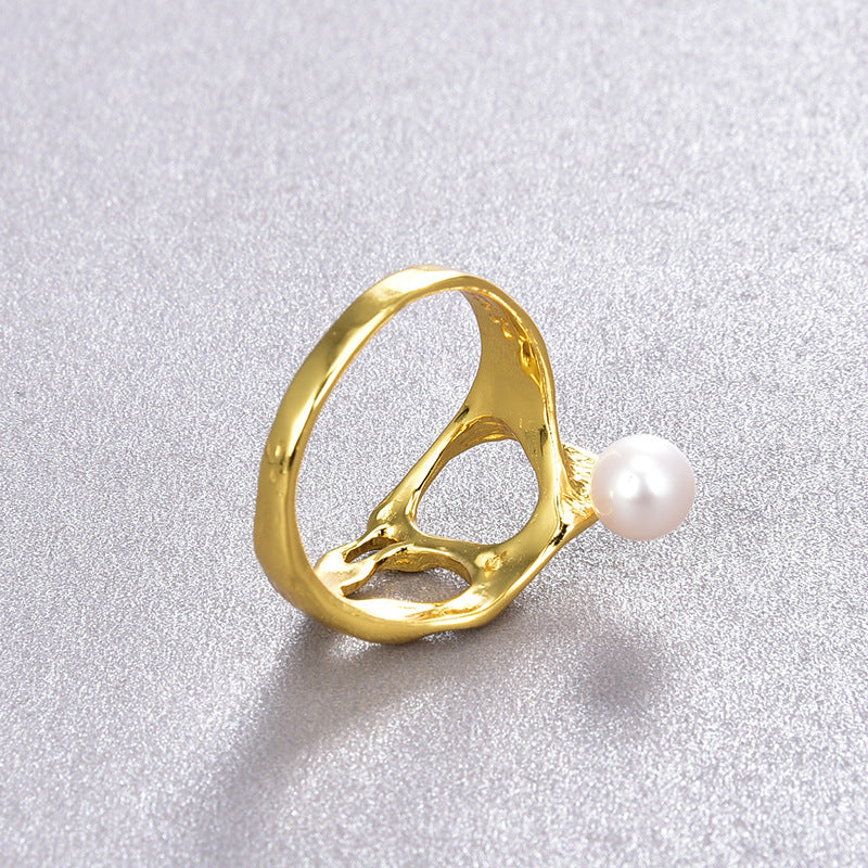 Irregular Cutout S925 Silver 18k Gold Plated Pearl Ring